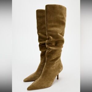 Leather suede heeled ruched pointed toe boots